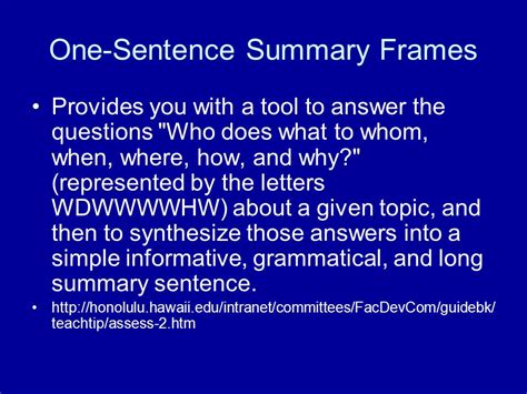 One Sentence Summaries Introducing One Sentence Summary Frames Dr Williams Ppt Download