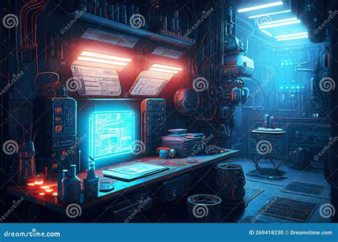 Futuristic Robot Workshop with Neon Lights in Dystopian Style, Cyberpunk City, Generative Ai ...