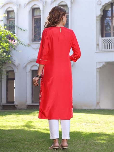 Red Ethnic Motifs Straight Silk Blend Kurta With Pants Jaipurkurtius