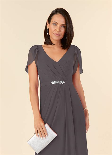 Steel Grey Azazie Marianne Steel Grey Sheath V Neck Pleated Chiffon