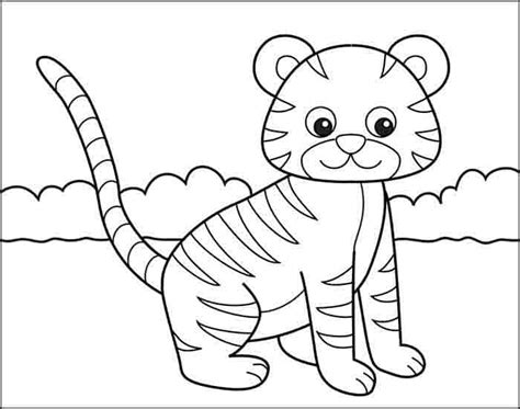 Simple Tiger Drawing for Children Tutorial and Tiger Coloring Web page ...