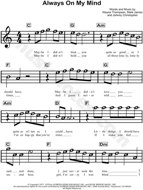 Elvis Presley Always On My Mind Sheet Music For Beginners In C Major