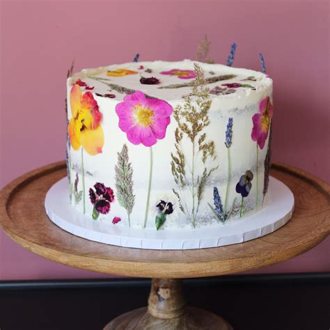 Buttercream Birthday Cake Decorated With Pressed Edible Flowers Edible