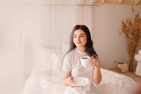 Young Smiling Woman Enjoy Morning Coffee in Bed Stock Image - Image of ...