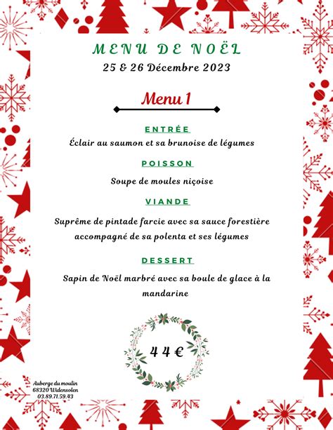 Menus de Noël 2023 Auberge du Moulin