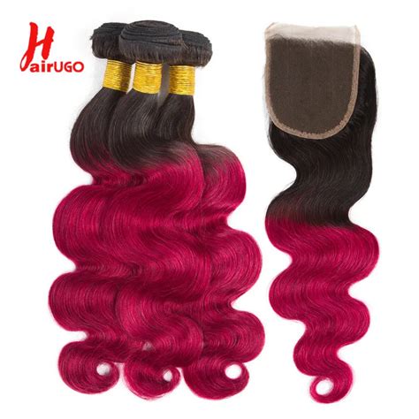 Hairugo Brazilian Dark Root Burgundy Bundles With Closure 1b Burg Body