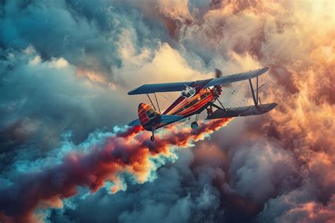 Premium Photo Vintage Biplane Soaring Through The Sky Leaving Behind