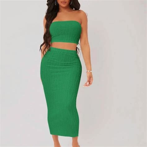 Shein Sxy Textured Crop Tube Top And Pencil Skirt Set Cropped Tube Top