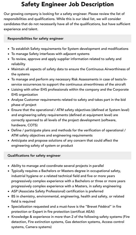 Safety Engineer Job Description Velvet Jobs