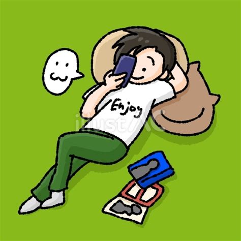 ごろ寝しながら携帯をいじる男性イラスト No 24207134／無料イラストフリー素材なら「イラストac」