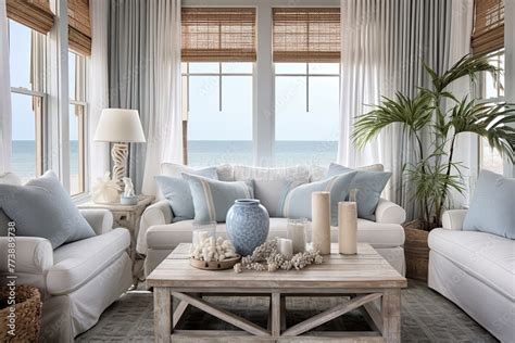 Seashell Decor Coastal Cottage Living Room Ideas With Breezy Window