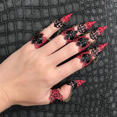 Ebony Armour Full Hand Set Midi Claw Rings Red And Black Etsy Uk