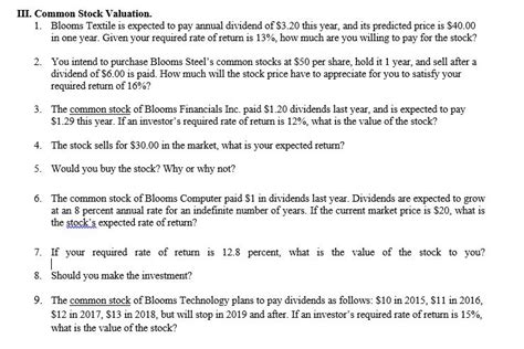 Solved Common Stock Valuation Blooms Textile Is Expected Chegg