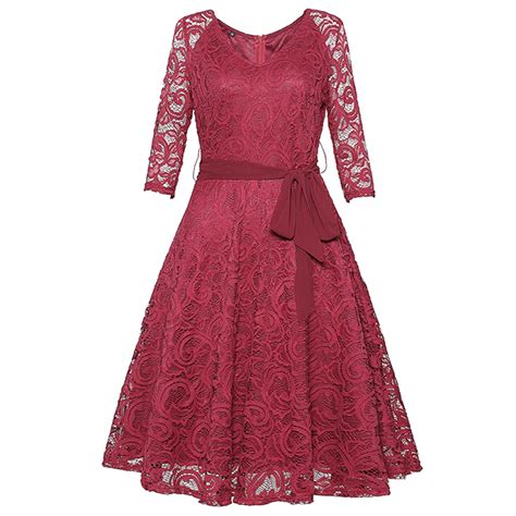 Kenancy Solid Lace Patchwork Women Party Dress V Neck 3 4 Sleeves