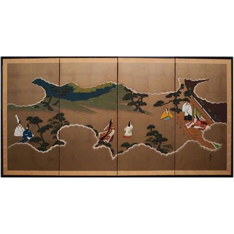 A Stunning Vintage Japanese Byobu Screen Depicting A Scene From The