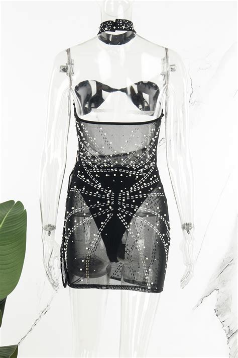 Wholesale Black Sexy Patchwork Hot Drilling Hollowed Out Backless Strapless Sleeveless Three