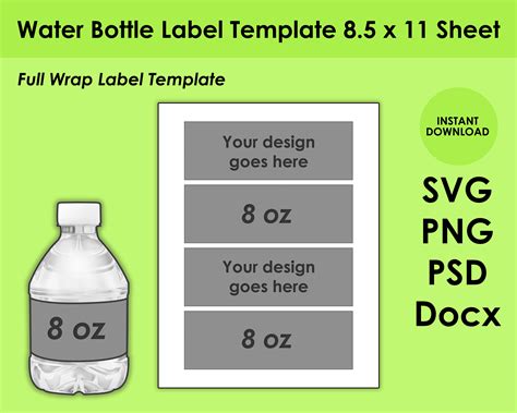 Water Bottle Label Template 85x11 Sheet Svg Png Psd And Etsy Israel