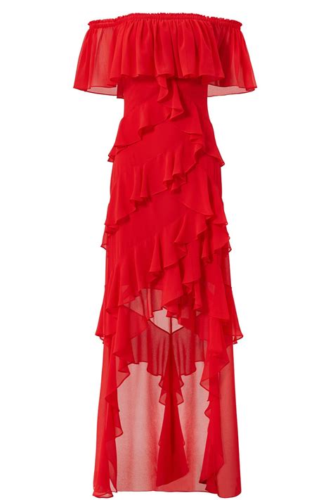 Red Off Shoulder Ruffle Gown By Badgley Mischka For 275 Rent The Runway