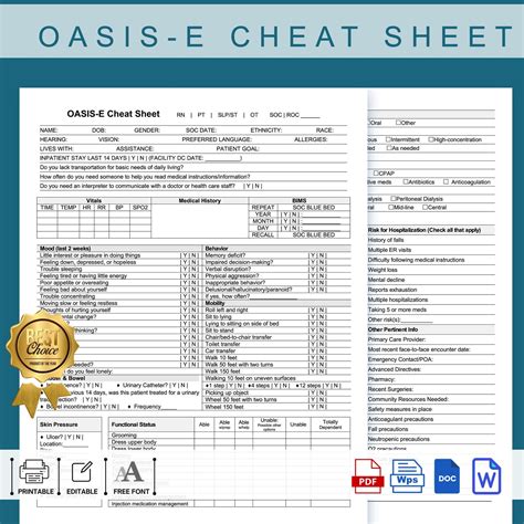 Printable OASIS-E Start of Care Cheat Sheet, Editable OASIS E Start of