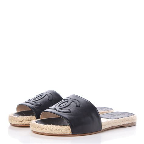 Chanel Lambskin Cc Espadrille Slip On Sandals Black