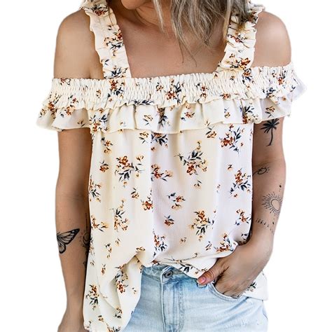 Floral Print Cold Shoulder Top Elegant Layered Ruffle Hem Top Women S