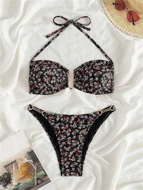 SHEIN Swim Conjunto de bikini de estampado floral con decoración de