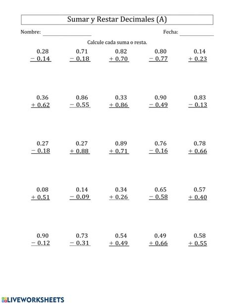 Sumas Y Restas Con Decimales Worksheet