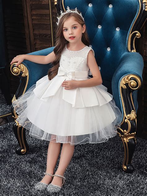 Robes cortège enfant col rond en dentelle jupe en tulle longueur au