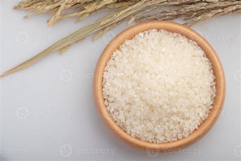 Raw Japanese Rice Grains Japonica Rice Grains In A Wooden Cup