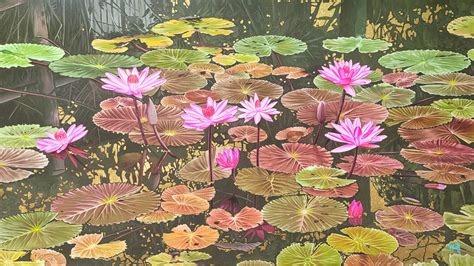 Pond Of Noble Lotuses III Vietnamese Lacquer Painting By Artist