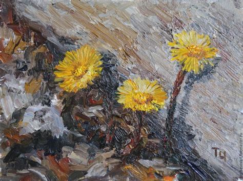 Купить Весна, мать-и-мачеха. Масло, оргалит - серый, картина для ...