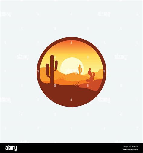 Desert Landscape Logo With Cactus Mountain Desert Vector Template