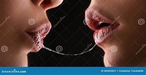 Girl Kiss Lesbian Lips With Saliva Female Lip Romantic Girls Love Erotic Desire Stock Image