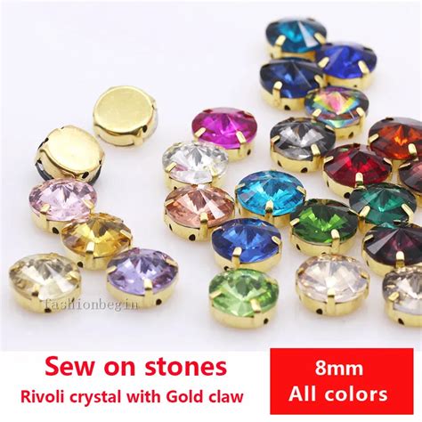 30p 8mm Rivoli Color Sew On Faceted Crystal Stones Glass Flat Back