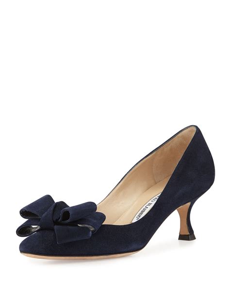 Lyst Manolo Blahnik Lisane Suede Bow Kitten Heel Pump In Blue