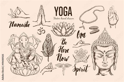 Yoga set. Vector Isolated hand drawn objects. Spiritual Symbols of ...