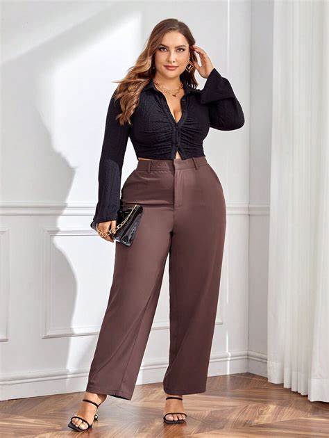 SHEIN Essnce Plus Solid Slant Pocket Straight Leg Suit Pants SHEIN USA