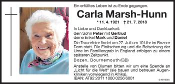 Traueranzeigen Von Carla Marsh Hunn Trauer Bz