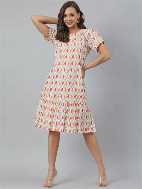 Buy Janasya Womens Off White Cotton Printed A Line Western Dress