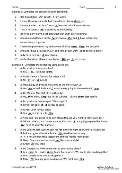 Subject And Object Pronouns Wit English Esl Worksheets Pdf And Doc