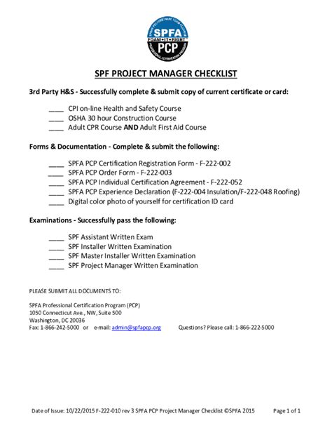 Fillable Online F 222 010 Rev 3 SPFA PCP Project Manager Checklist Fax