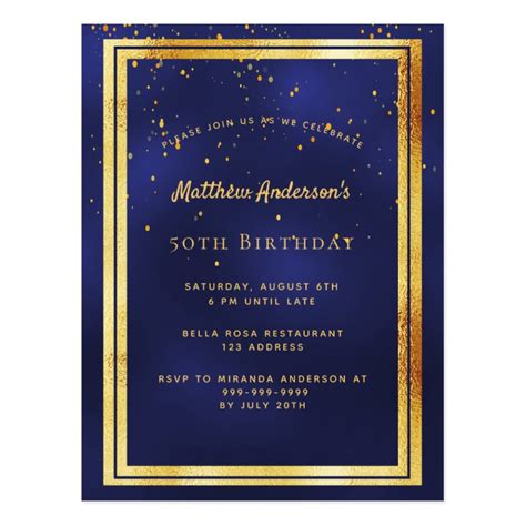 Birthday Party Blue Gold Shiny Invitation Postcard