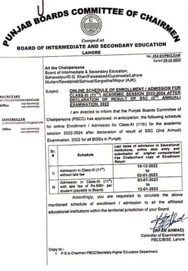 Rawalpindi Board Intermediate Admission Form 2023 Last Date