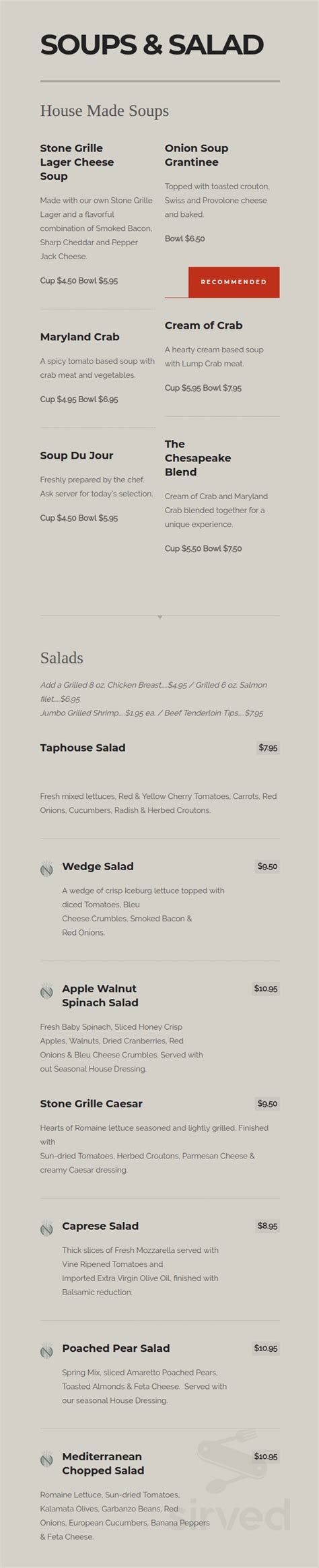 Stone Grille & Taphouse menu in York, Pennsylvania, USA