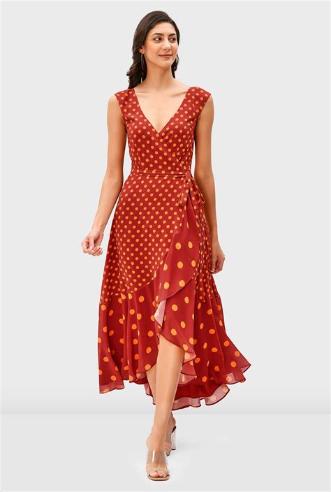 Shop Mixed Polka Dot Print Georgette Wrap Dress Eshakti