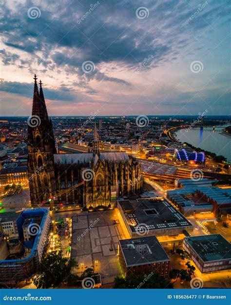 Cologne Koln Cathedral during Sunset , Drone Aerial Vie Over Cologne and the River Rhein during ...