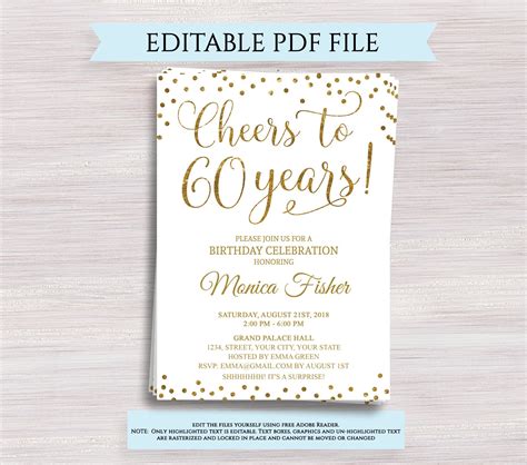 Editable 60th Birthday Party Invitation Template Cheers To 60 Etsy