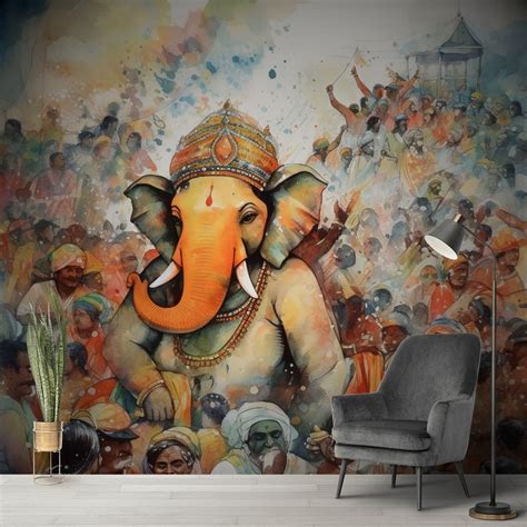 Simple Ganpati Mural Painting Wallpaper - Magic Decor