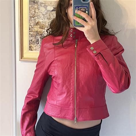 Insane Hot Pink Leather Biker Jacket With Silver Depop