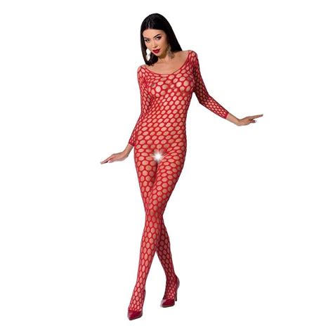 Netz Bodystocking Catsuit Mit Offenem Schritt Rot